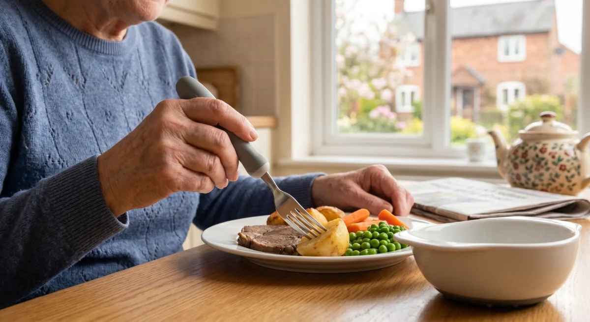 Elderly person in a blue sweater eating a meal at a kitchen table, with a plate of meat, potatoes, peas, and carrots, and a teapot and newspaper nearby.