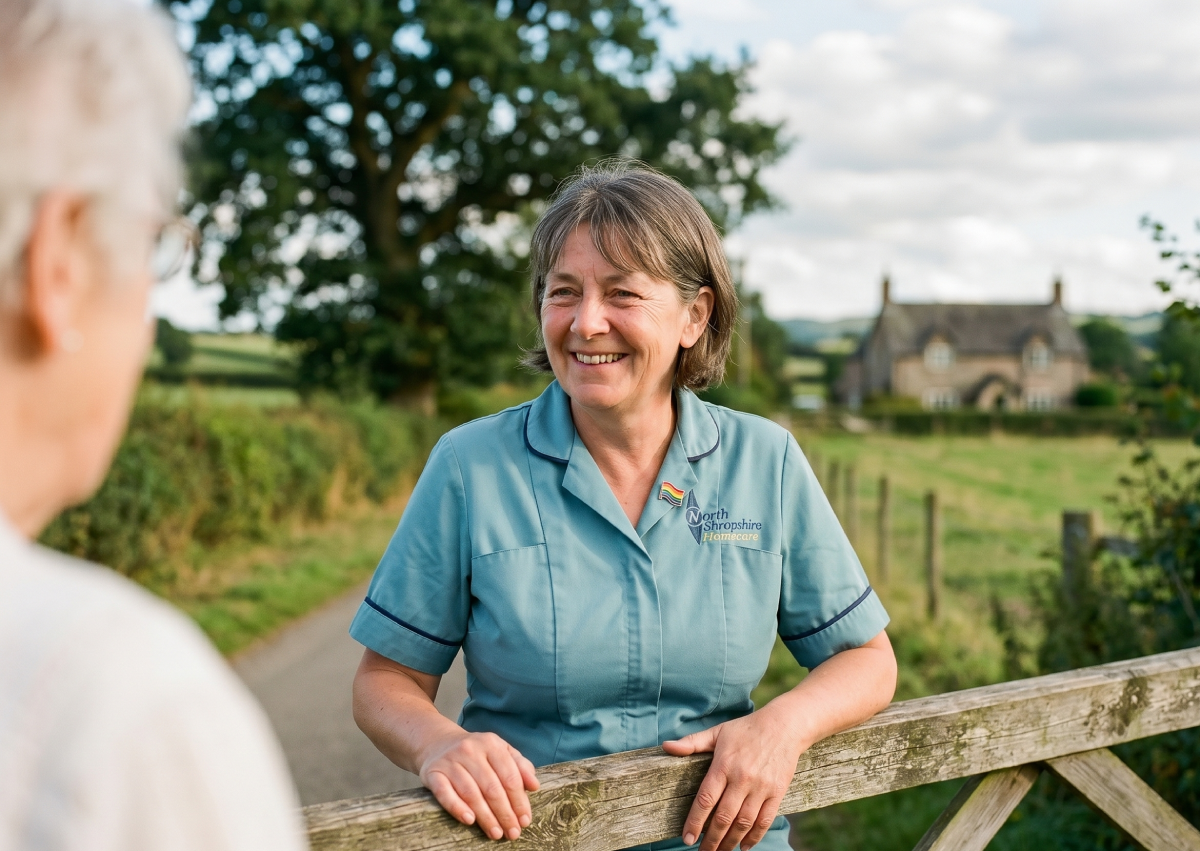 A smiling woman in a blue North Shropshire Homecare uniform leaning on a wooden fence outdoors, talking to or greeting another person with a blurred face in the foreground, with a rural countryside scene and a house in the background.