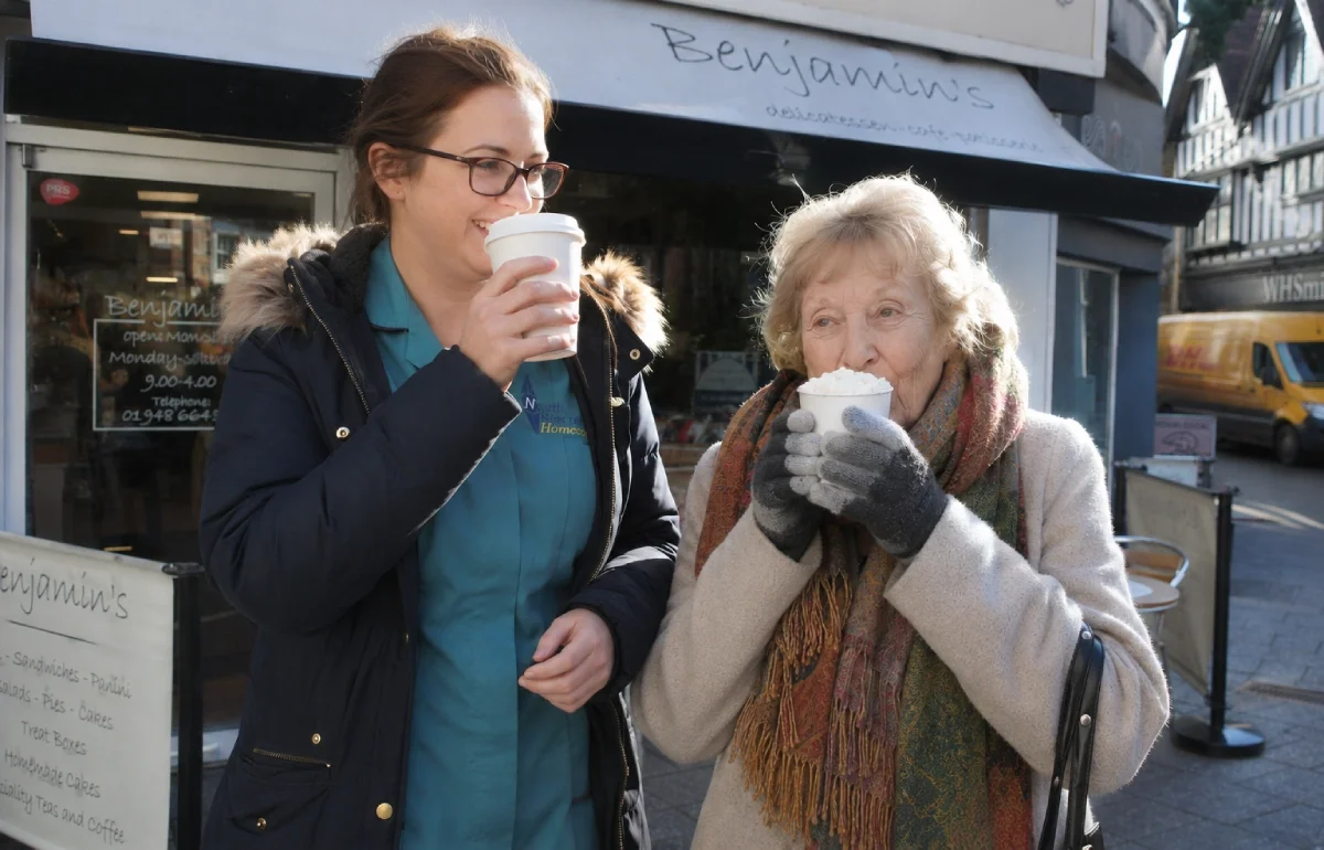 A young woman and an elderly woman stand outside a cafe, each holding and drinking a cup of coffee or hot chocolate.