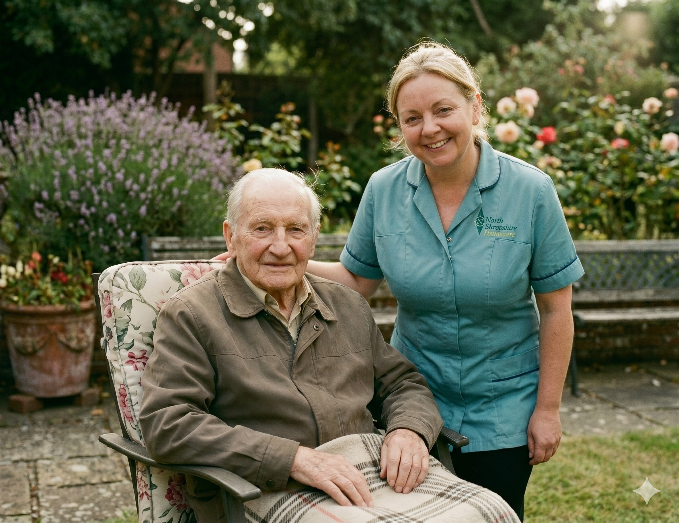 A senior man sitting in a floral armchair outdoors with a nurse standing beside him, both smiling, surrounded by blooming flowers and greenery.