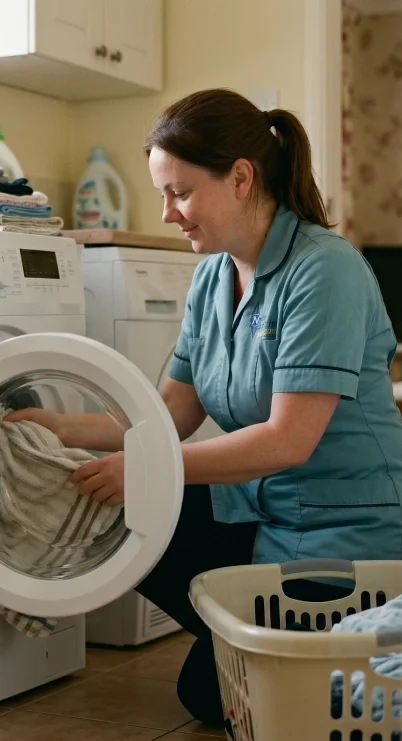 A woman in a blue laundry uniform loading clothes into a washing machine in a laundry room.