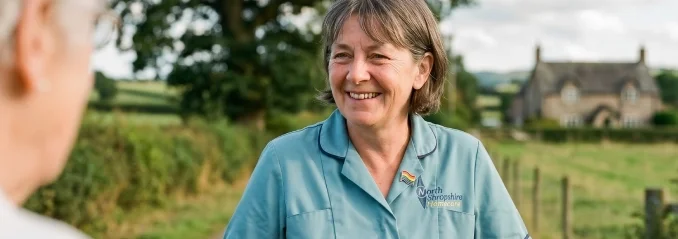 A smiling woman in a blue shirt outdoors, talking to someone in front of her, with green fields and trees in the background.
