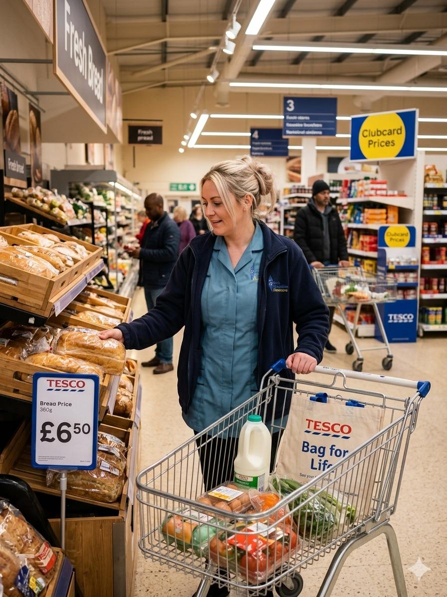 A woman shopping for bread at Tesco grocery store, with a shopping cart filled with groceries including milk, eggs, vegetables, and carrots, while browsing bread prices.