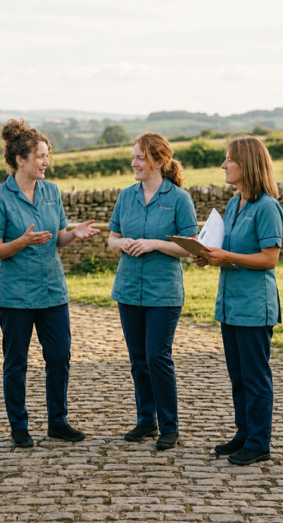 Three women wearing matching blue uniforms having a conversation outdoors on a cobblestone path in a rural area.