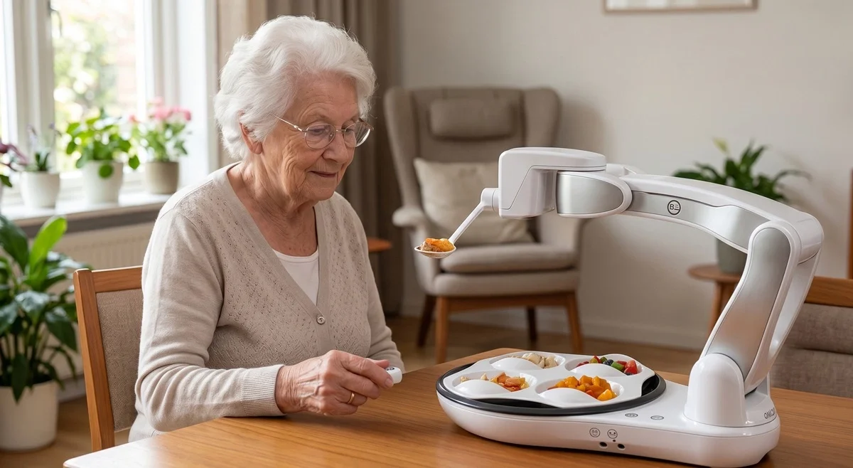 An elderly woman using a robotic feeding arm to feed herself from a plate of food with multiple sections on a wooden dining table.