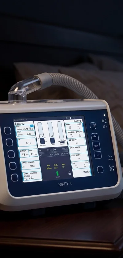 Medical ventilator displaying settings and parameters, with a clear breathing tube attached.