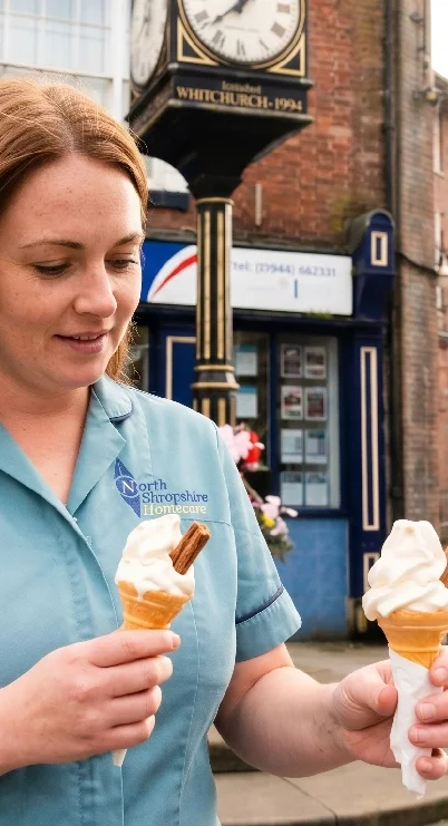 A woman in a light blue shirt holding ice cream cones with vanilla soft serve and chocolate pieces outside a building with a clock and a sign that reads 'Whitechurch 1924'.