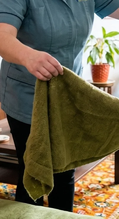 A person in a teal shirt holding a green towel or blanket indoors, with a potted plant and patterned carpet visible in the background.