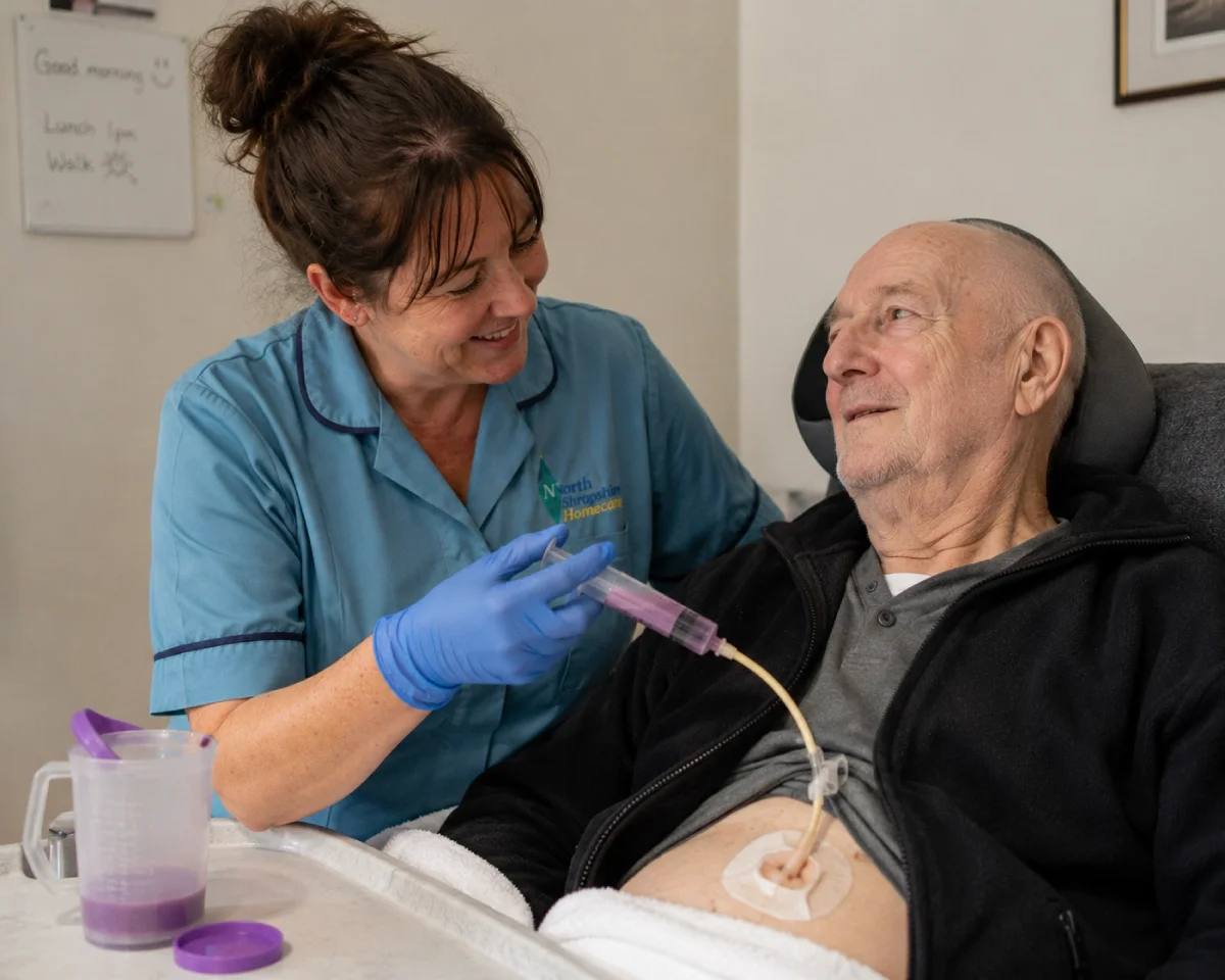 Nurse administering medication to an elderly man in a hospital or care home setting.