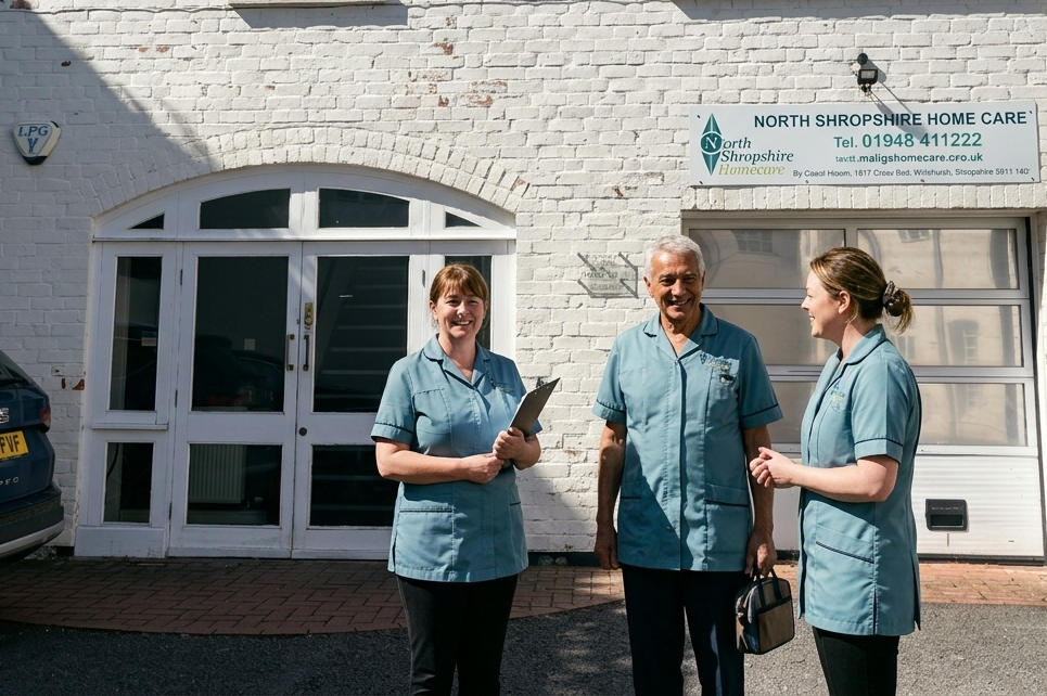 Three healthcare workers in light blue uniforms standing outside a white brick building, smiling and talking. One holds a clipboard, and another holds a black bag, with a sign indicating North Shropshire Home Care.
