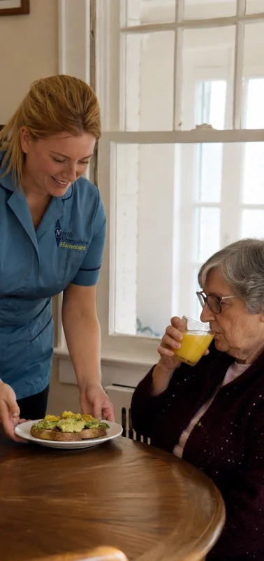 A woman in a blue uniform with a smile serves toast with avocado to an elderly woman drinking orange juice at a wooden table near a large window.