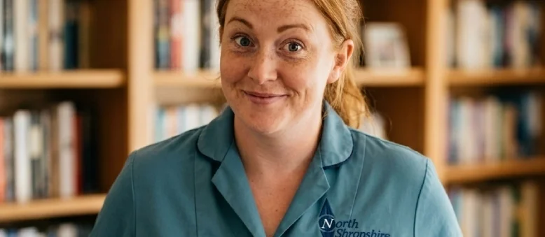 A woman with red hair and freckles, wearing a teal shirt with a logo, standing in front of a bookshelf with colorful books.
