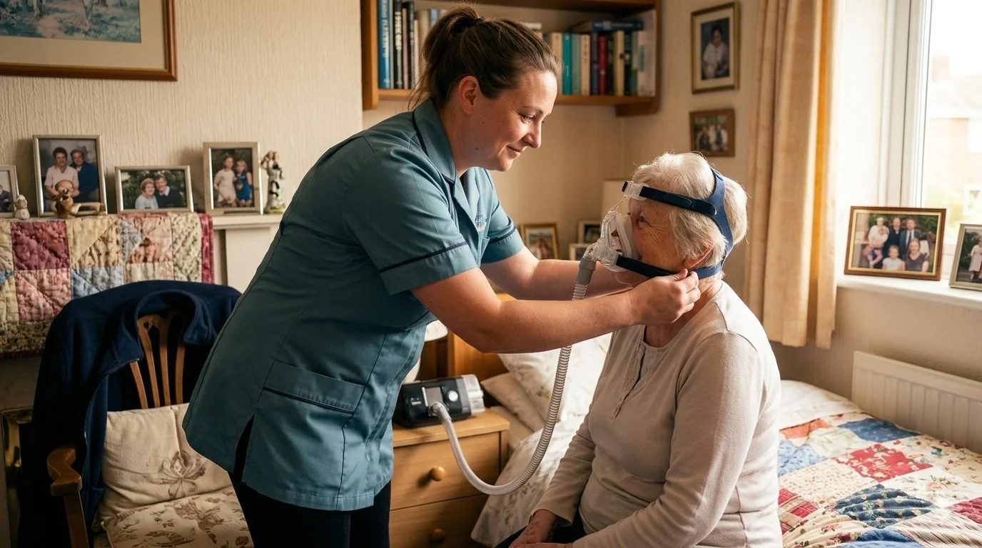 A caregiver assisting an elderly woman with a breathing mask in a cozy, picture-filled bedroom.