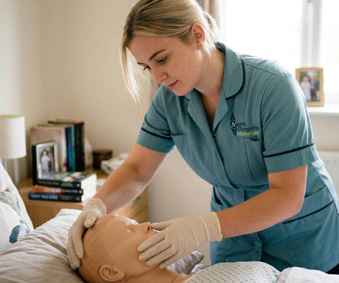 A nurse practicing CPR on a medical dummy in a bedroom setting.