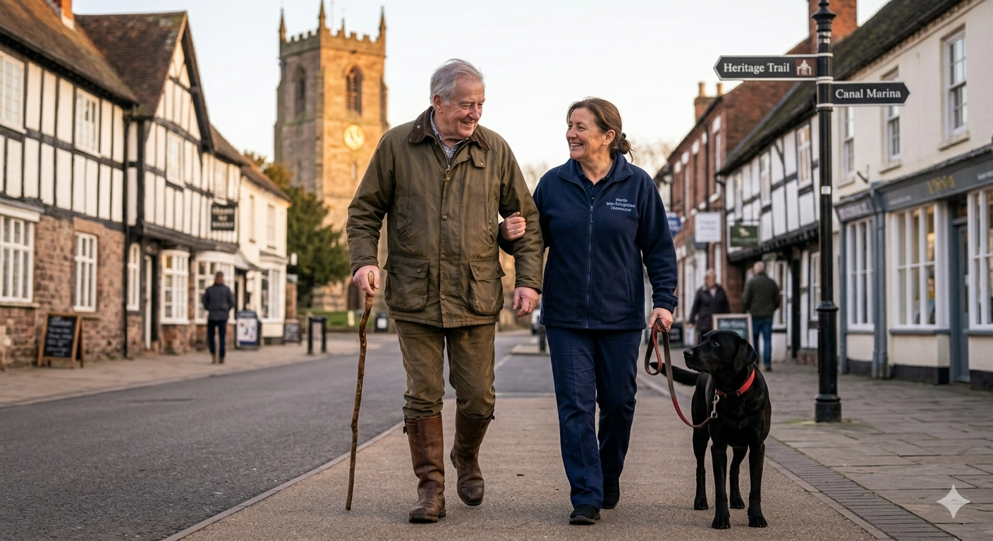An elderly man with a cane and an elderly woman walking a black dog on a leash through a historic town street, with a church tower in the background.