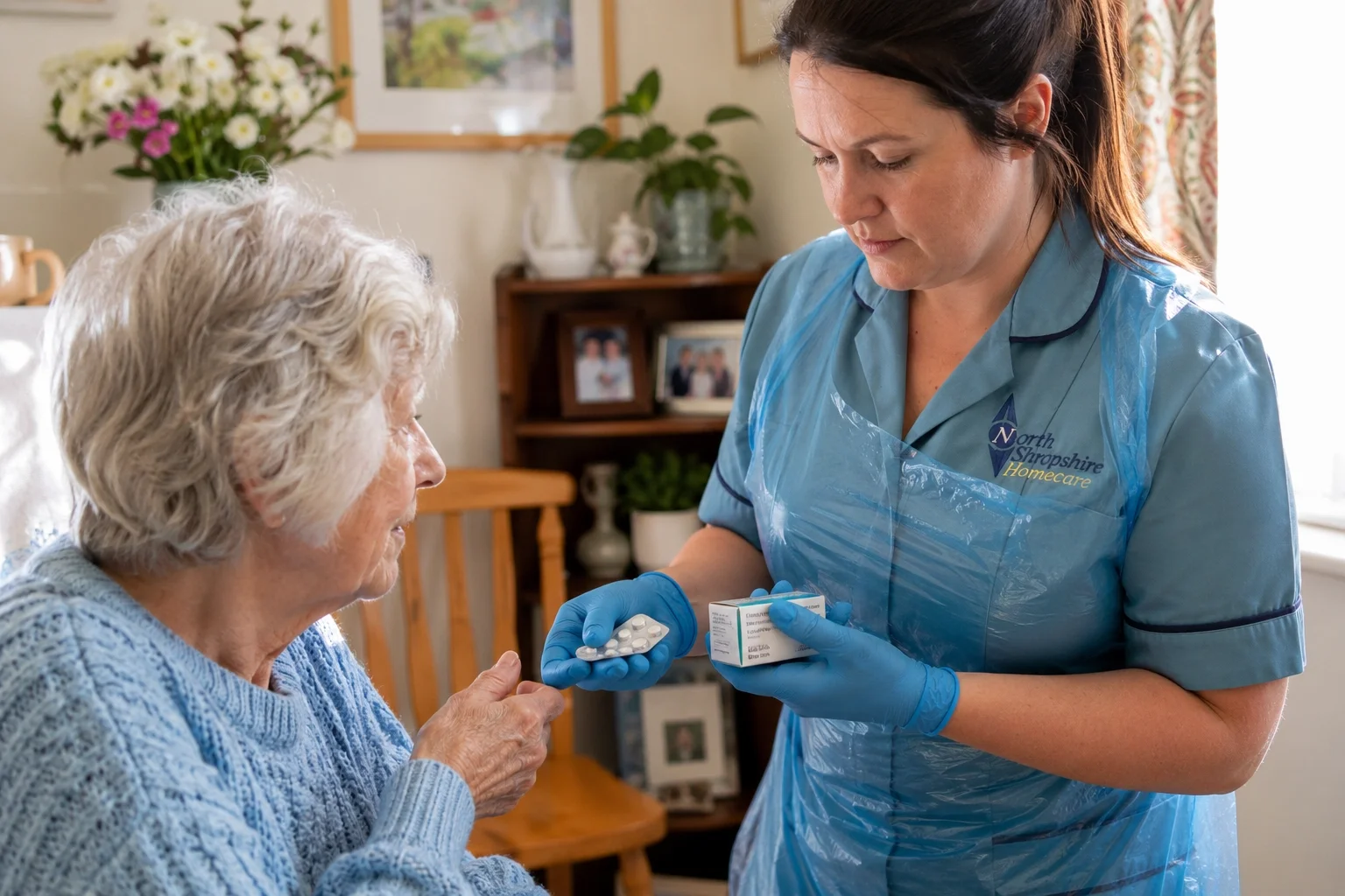 A healthcare worker in blue scrubs and gloves is handing medication to an elderly woman in a cozy home setting.
