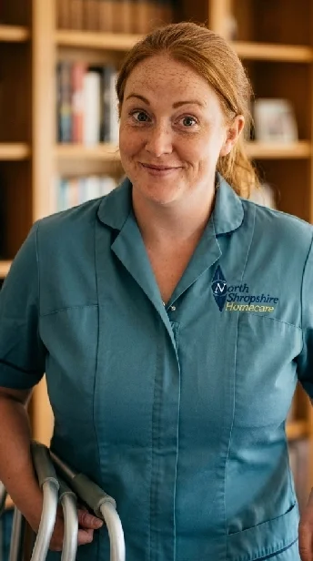A woman with red hair smiling, wearing a teal uniform with 'North Shropshire Homecare' logo, standing in front of a bookshelf.
