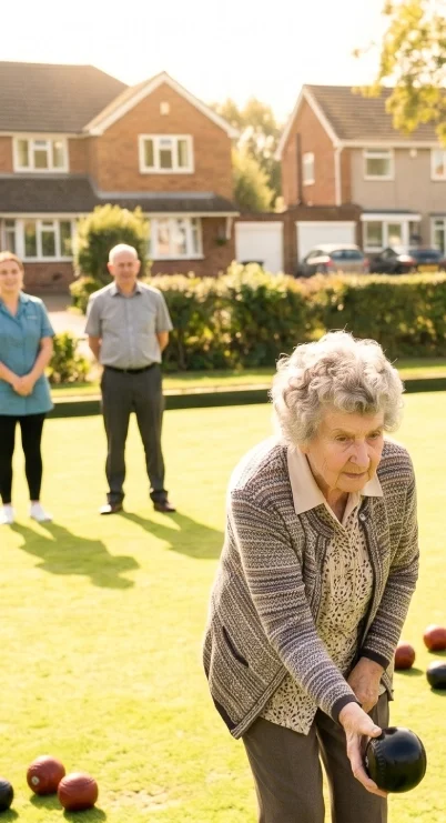An elderly woman playing bocce ball outdoors on a sunny day with two people watching in the background, in a suburban neighborhood.