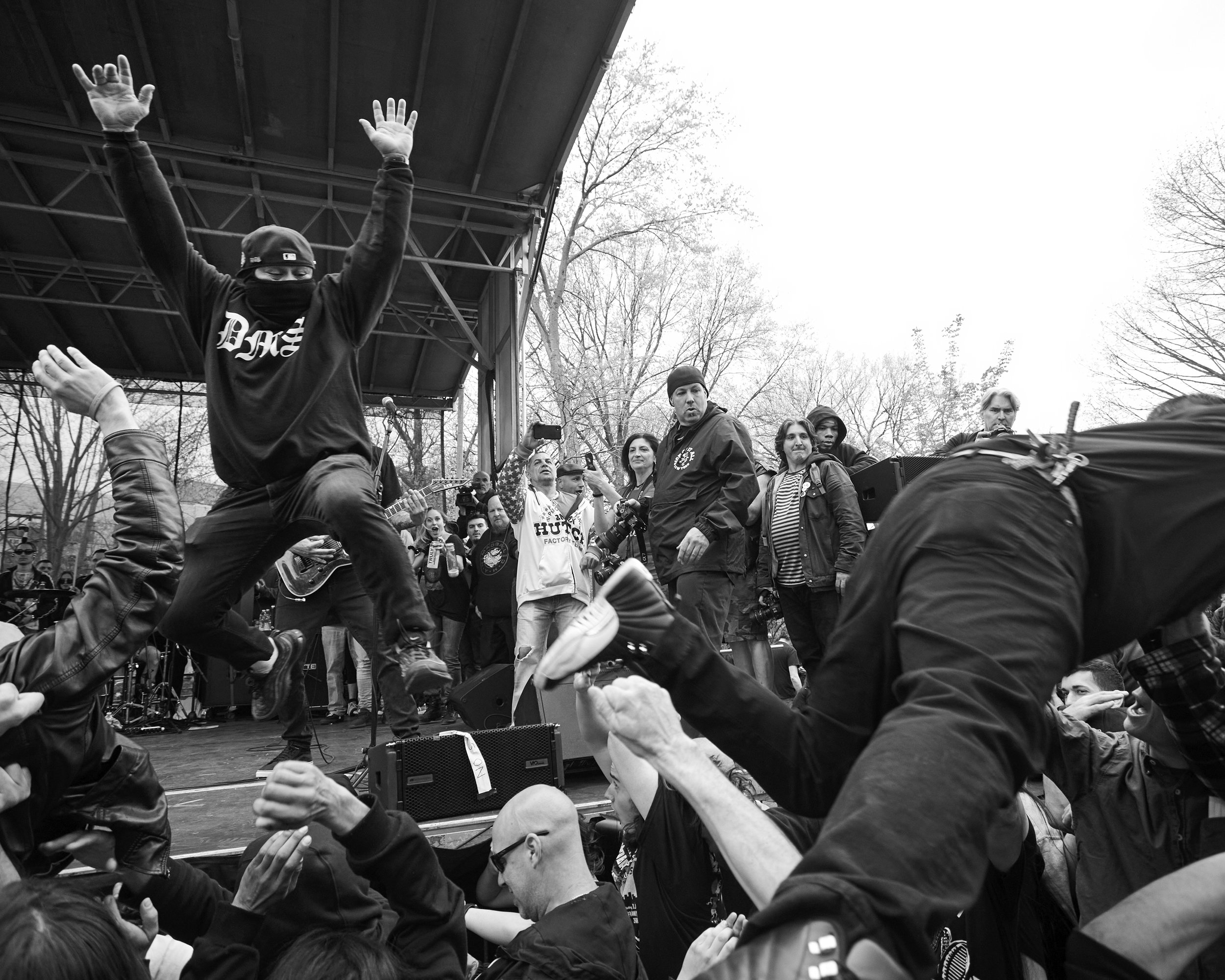 Stage diving during Madball in Tompkins Square Park.