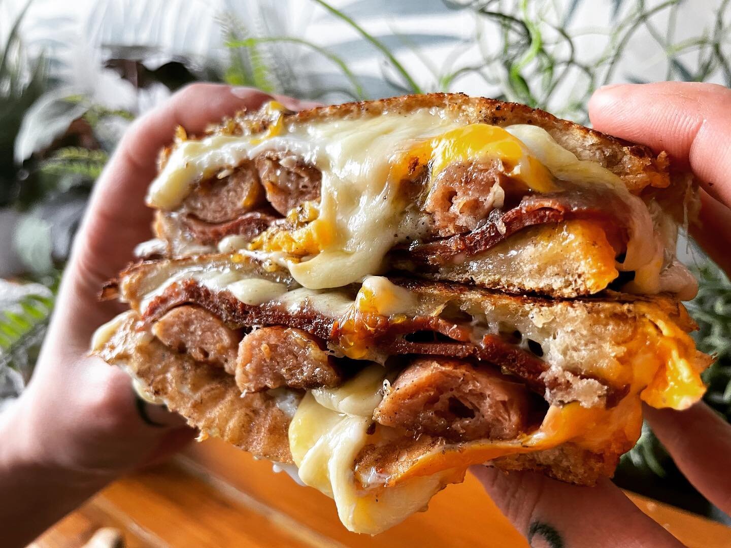 Our &lsquo;Morning Glory&rsquo; breakfast sandwich made for meat eaters, vegetarians or vegans - in the shop or delivered using Just Eat, Uber Eats or Deliveroo.