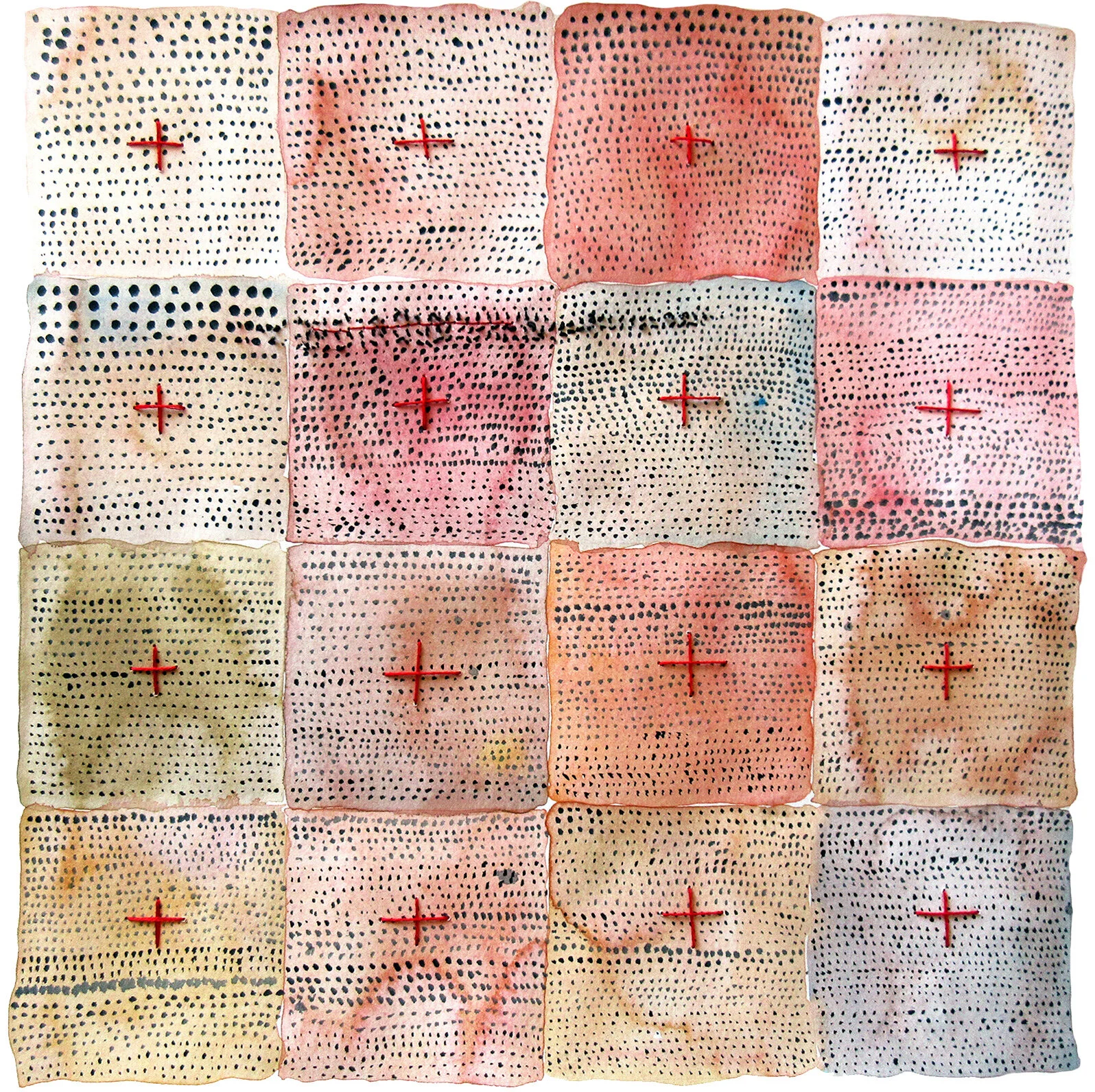 watercolour on paper, thread, stitch, framed measurements 19” x 18.5” (48cm x 47cm),  2019.