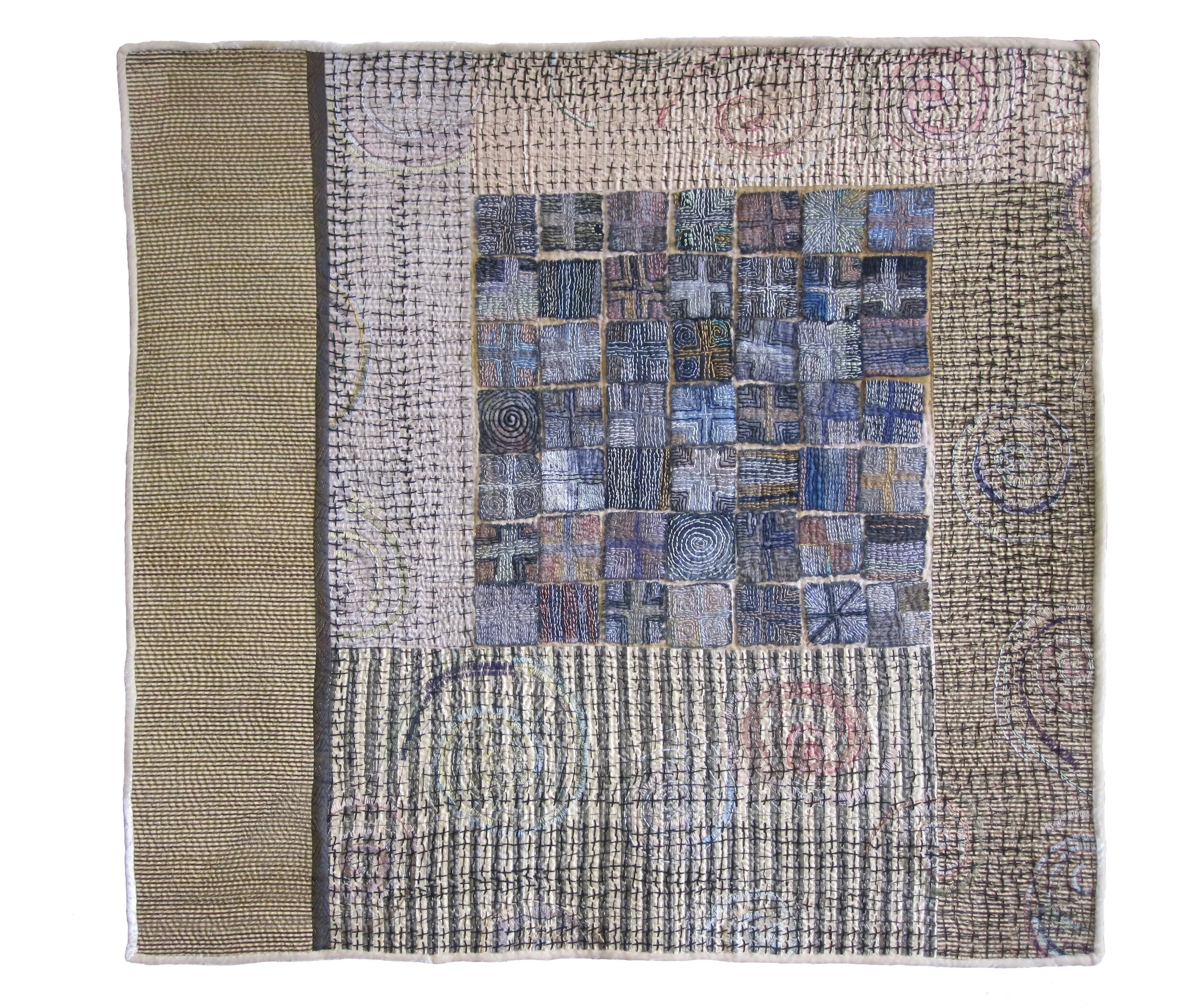 silk, linen, velvet, dye, paint, silk threads, layered, pieced, hand embroidered, hand quilted.&nbsp; 33” x 35” or (85 cm x 90 cm), 2010.
