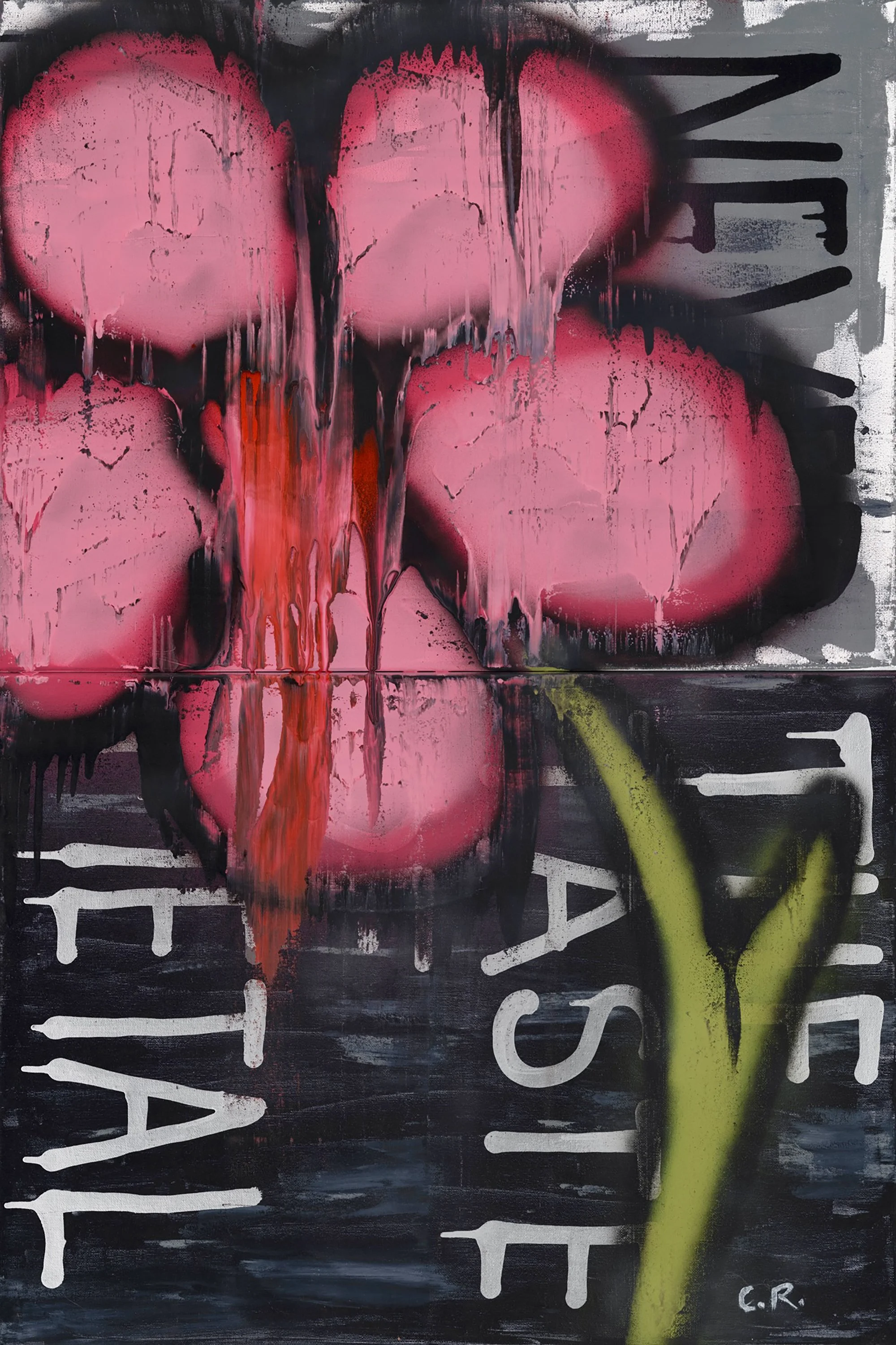 Abstract graffiti art featuring pink and black colors with white text and yellow and red accents.