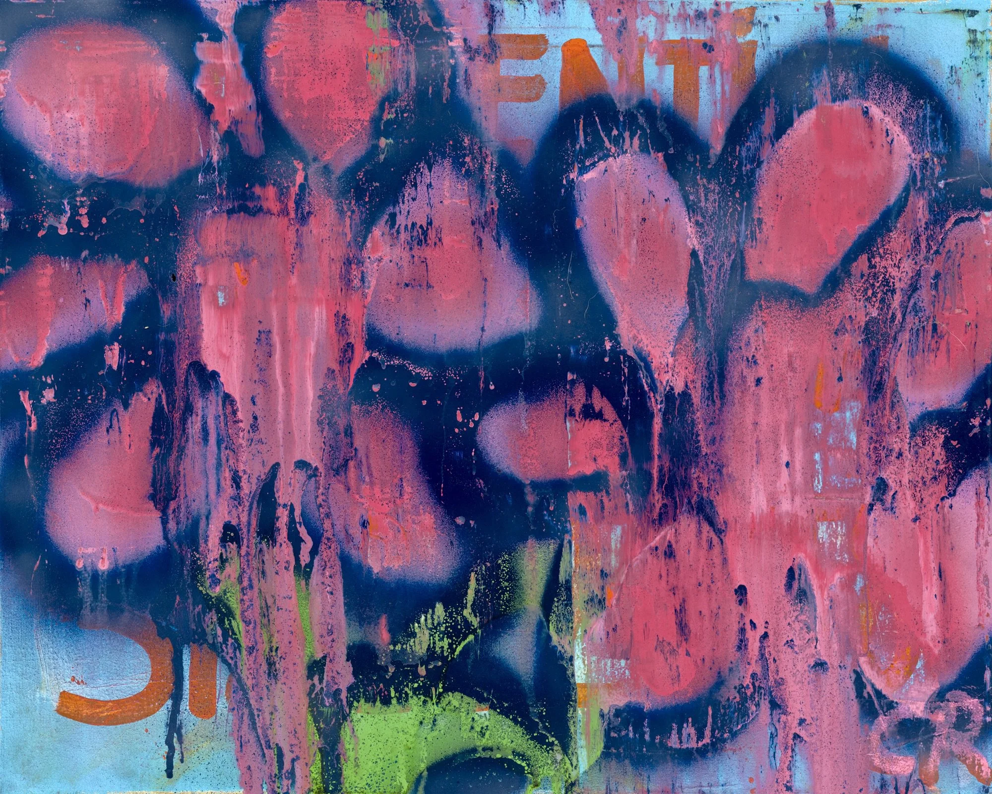 Bright graffiti wall with pink, purple, green, and orange spray paint, featuring abstract shapes and partially visible text.