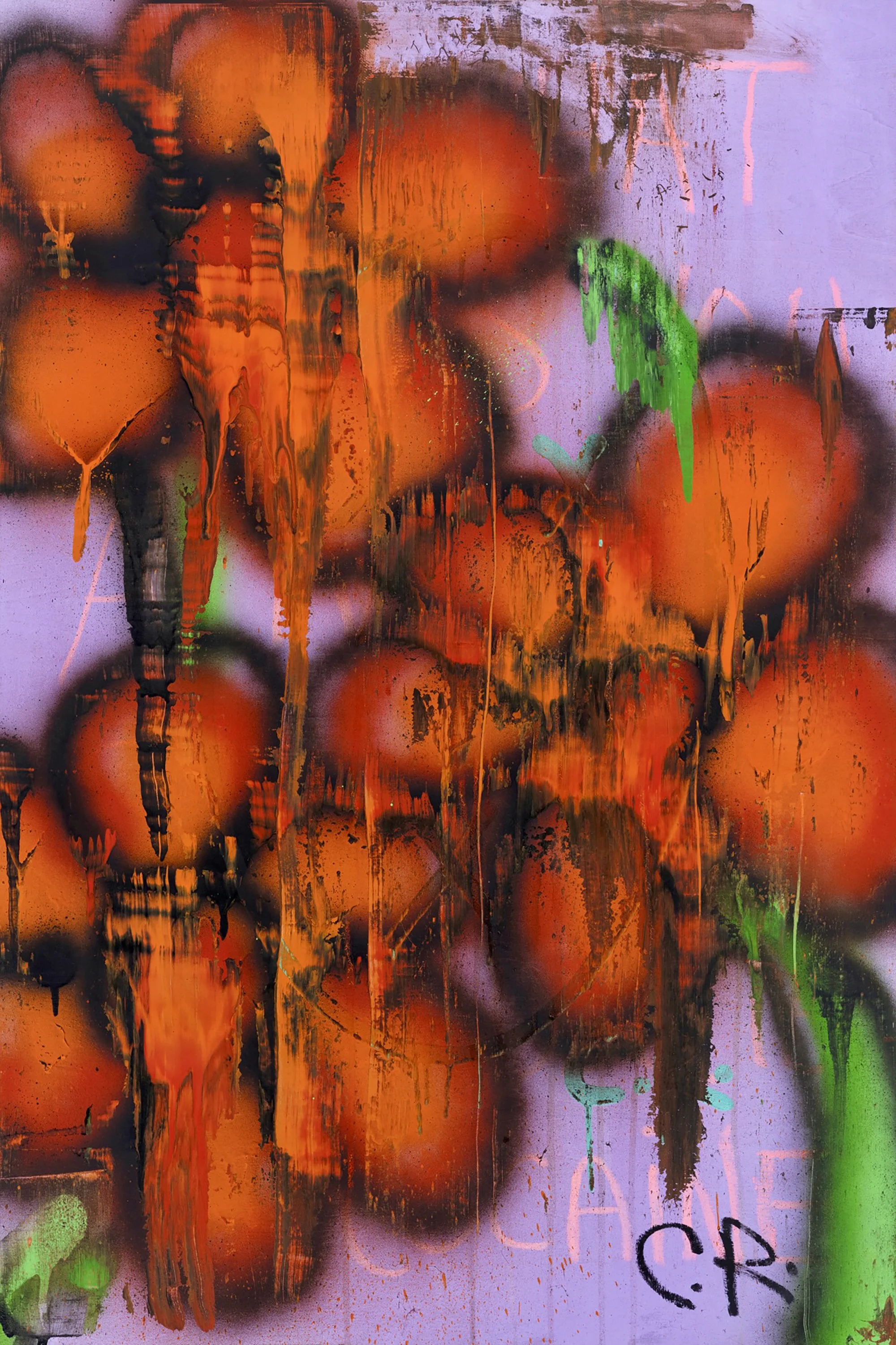 Abstract colorful spray paint painting with orange, purple, green, and black colors, featuring graffiti text and drips.