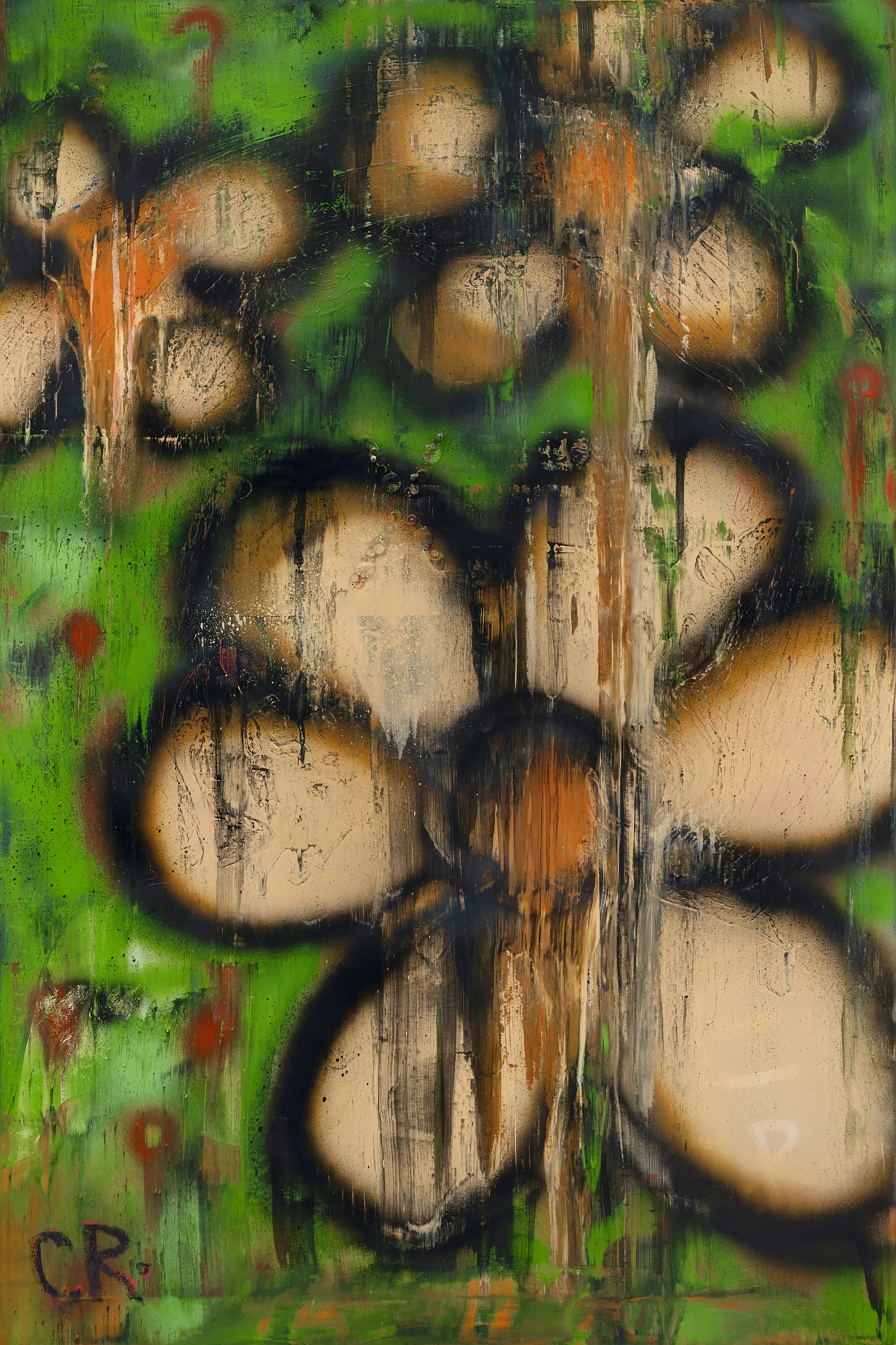 An abstract graffiti painting of a face with dark features, surrounded by green and orange paint drips and splatters, with black graffiti markings and colorful details.