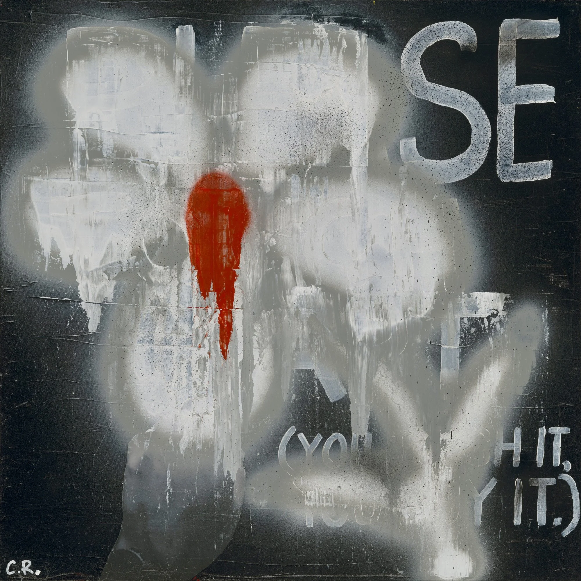 Street art on a black wall showing the word 'SALE' in large, white, spray-painted letters. There is a red spray-painted circle below the 'A'. The bottom left corner has the initials 'C.R.'