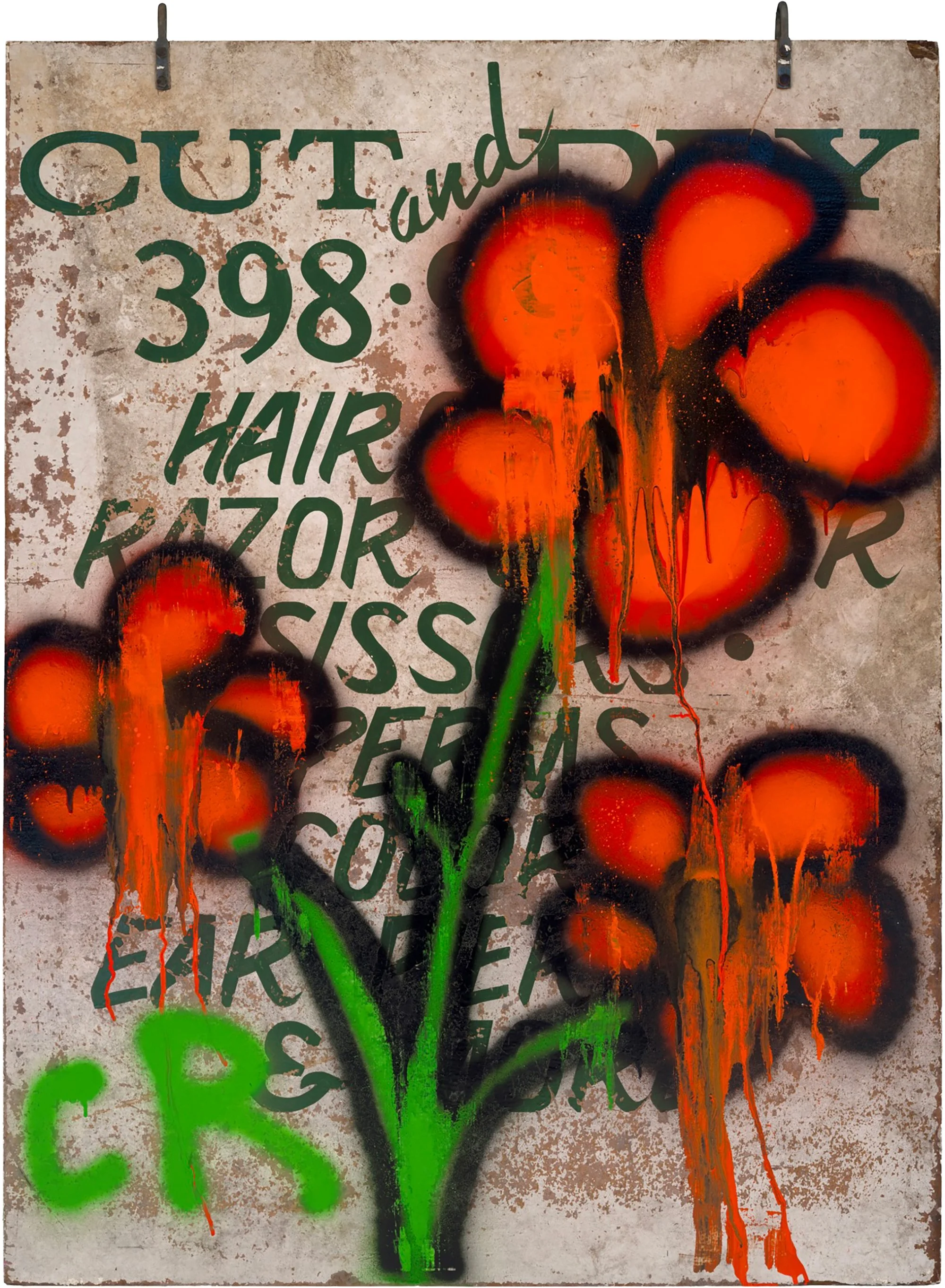 Painted graffiti of orange and black flowers on a weathered sign with green text and graffiti over it.