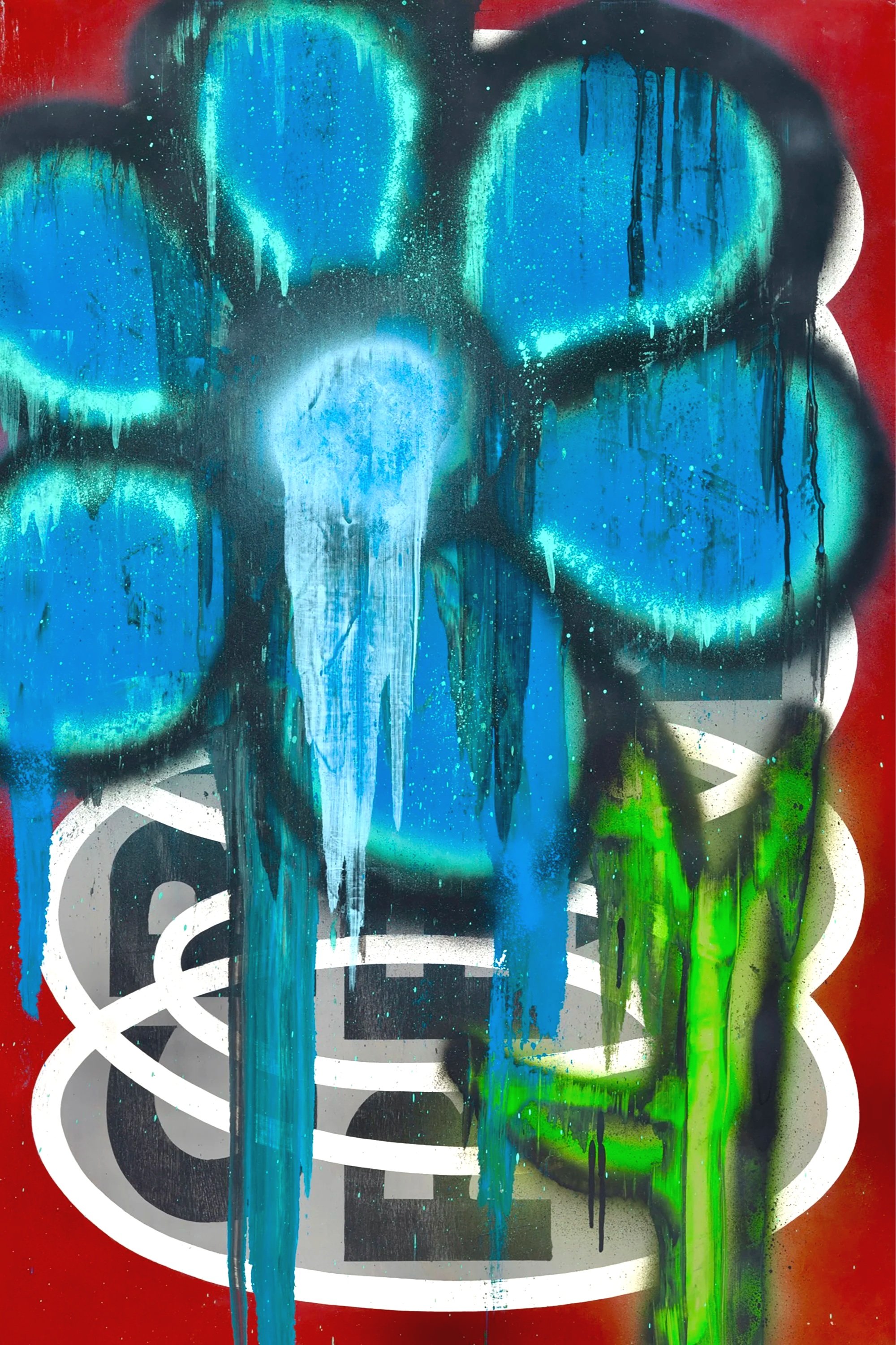Abstract graffiti art featuring blue, green, black, and red spray paint with drips and splatters, over a background with white circular patterns on a dark base.