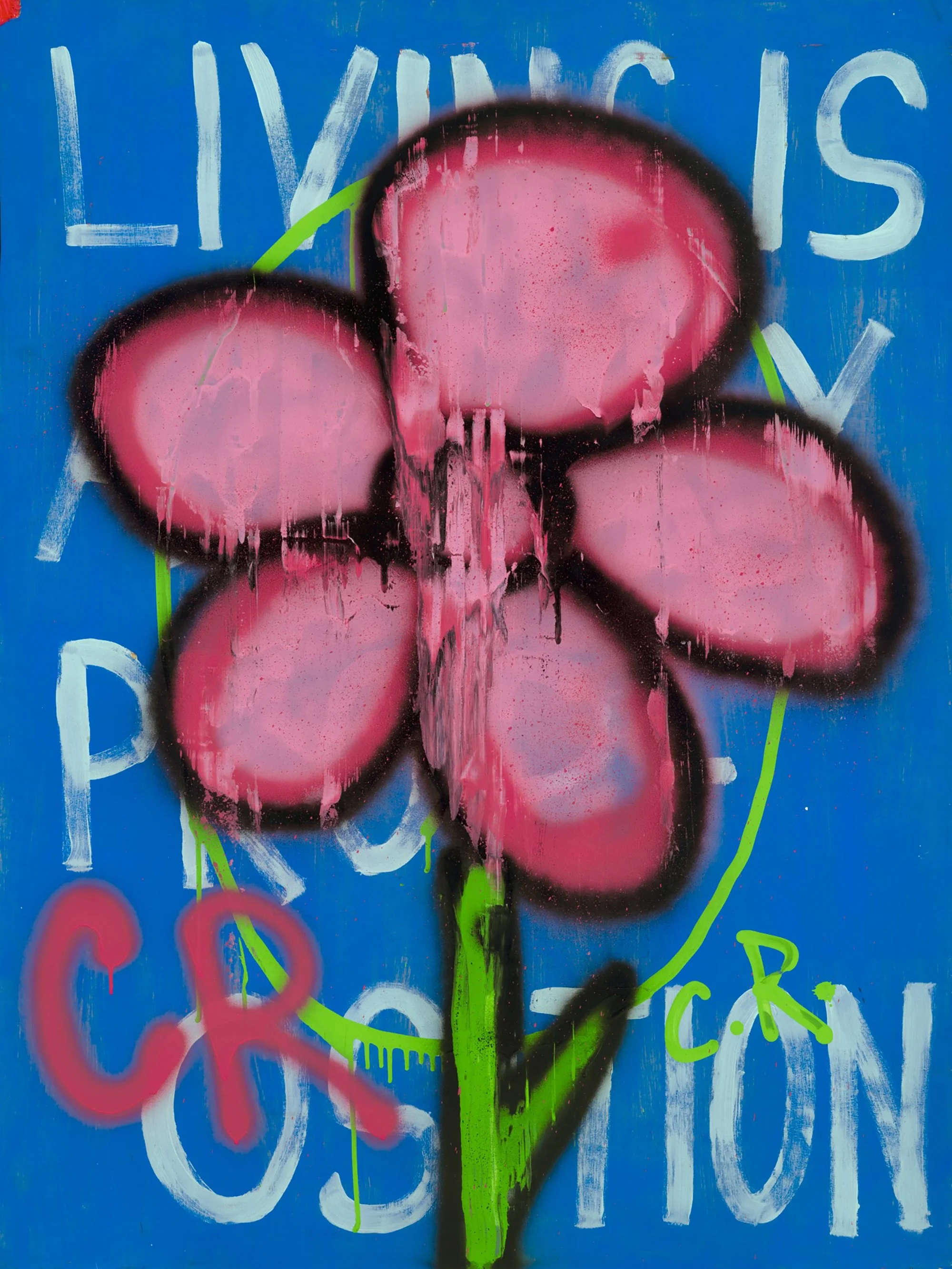 Colorful graffiti art on a blue background featuring pink flowers with black outlines, green stems, and white and red spray paint accents. The words 'LIVINGS' and 'LOVE' are partially visible in the artwork.