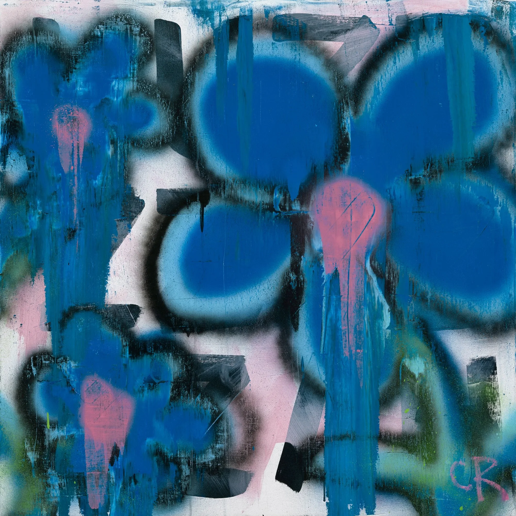 Abstract graffiti-style artwork featuring splashes and drips of blue, pink, black, and white paint, with layered textures and spray paint effects.