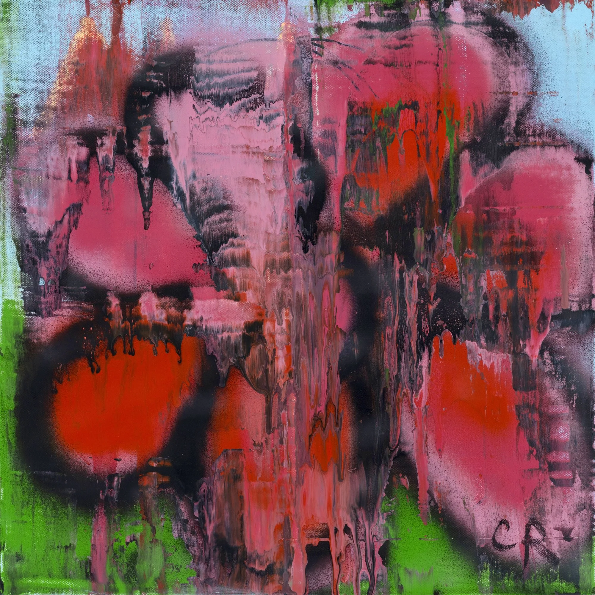 Abstract painting with pink, red, black, and green colors and dripping paint effects.