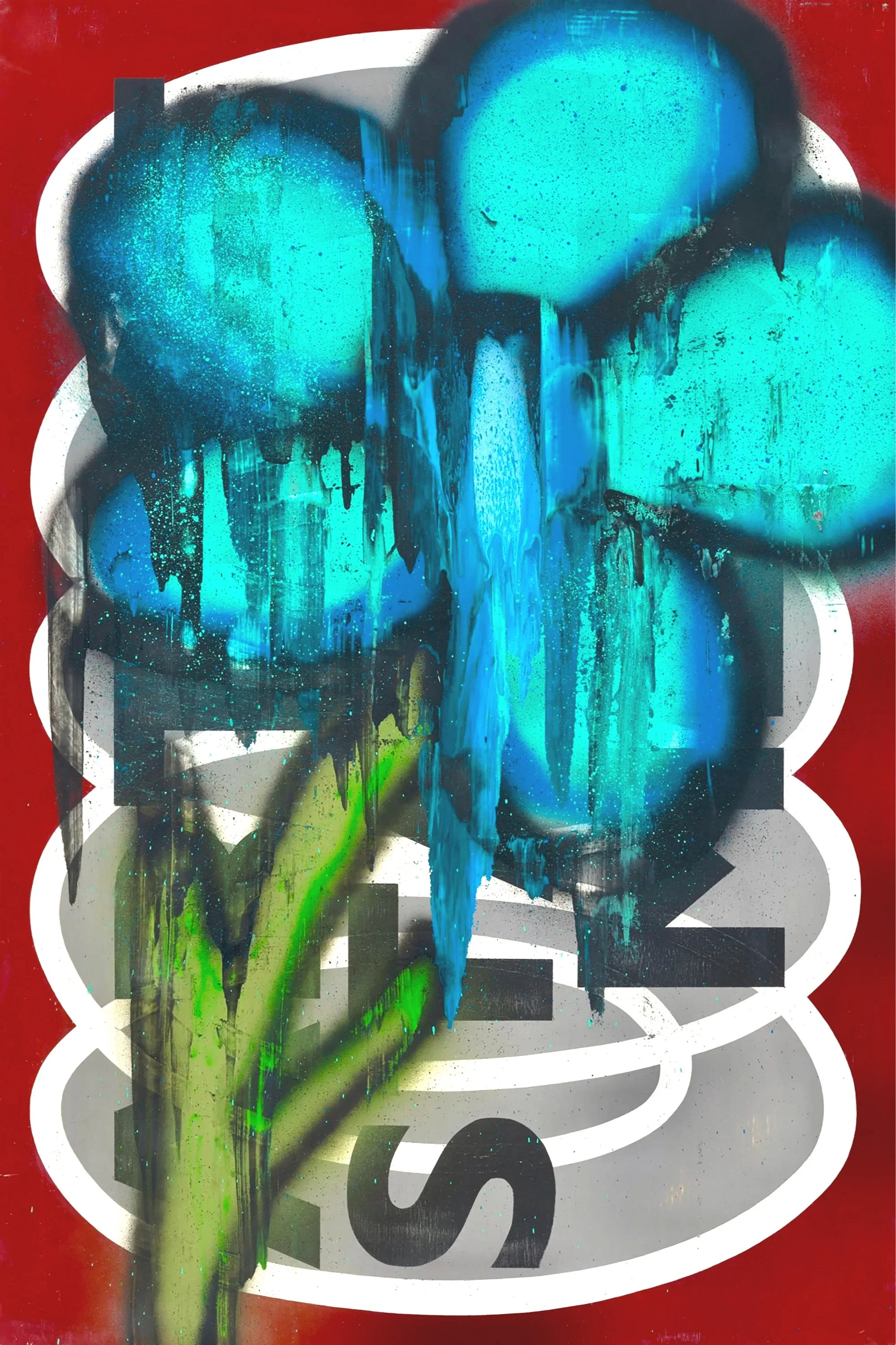 Abstract street art featuring overlapping spray-painted portraits of various faces in blue, green, black, and white against a red background with stylized text.