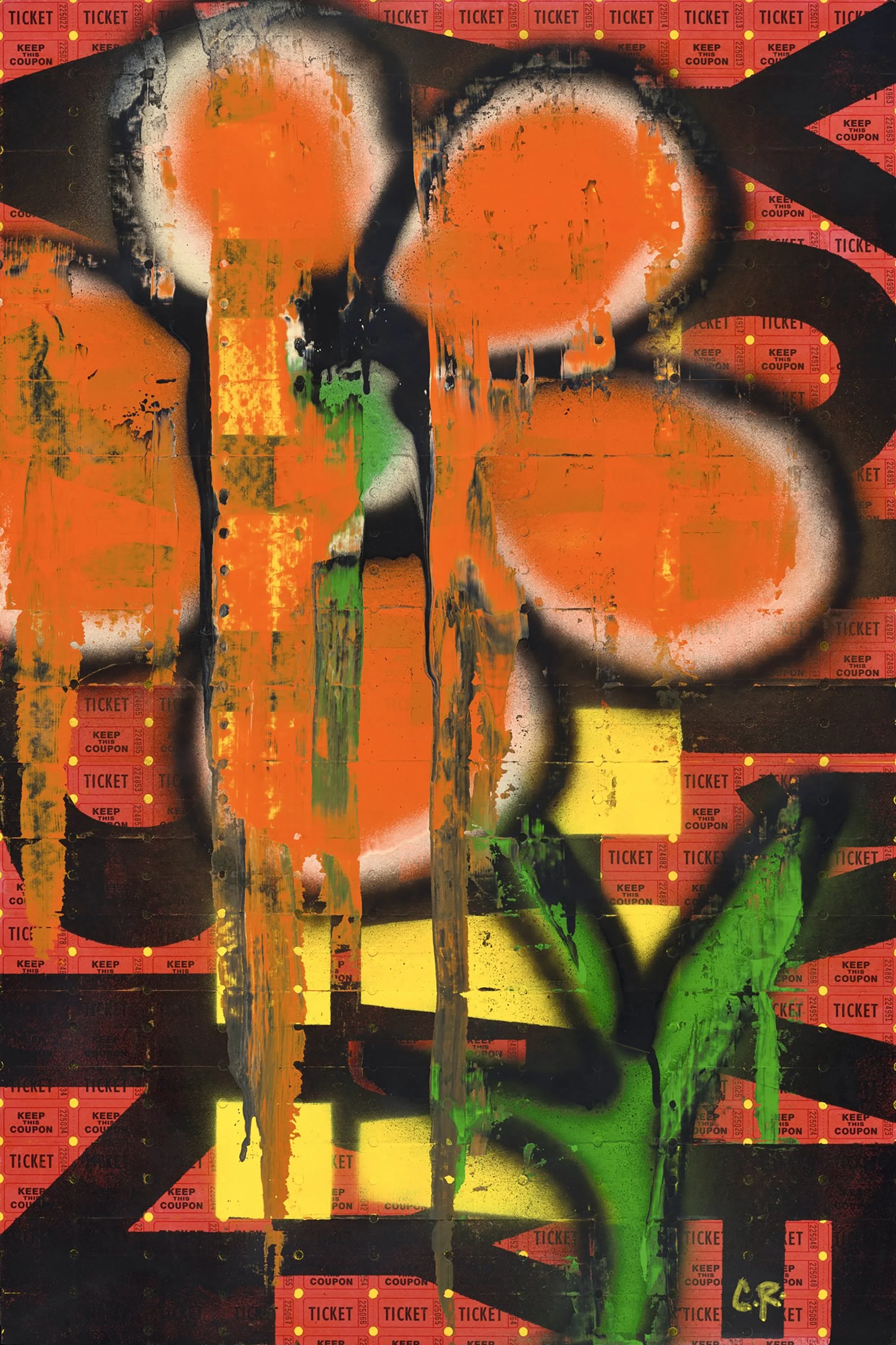 Abstract street art with orange, green, black, and white colors, featuring spray paint, drips, and texture, over a background of red tickets with yellow dots.