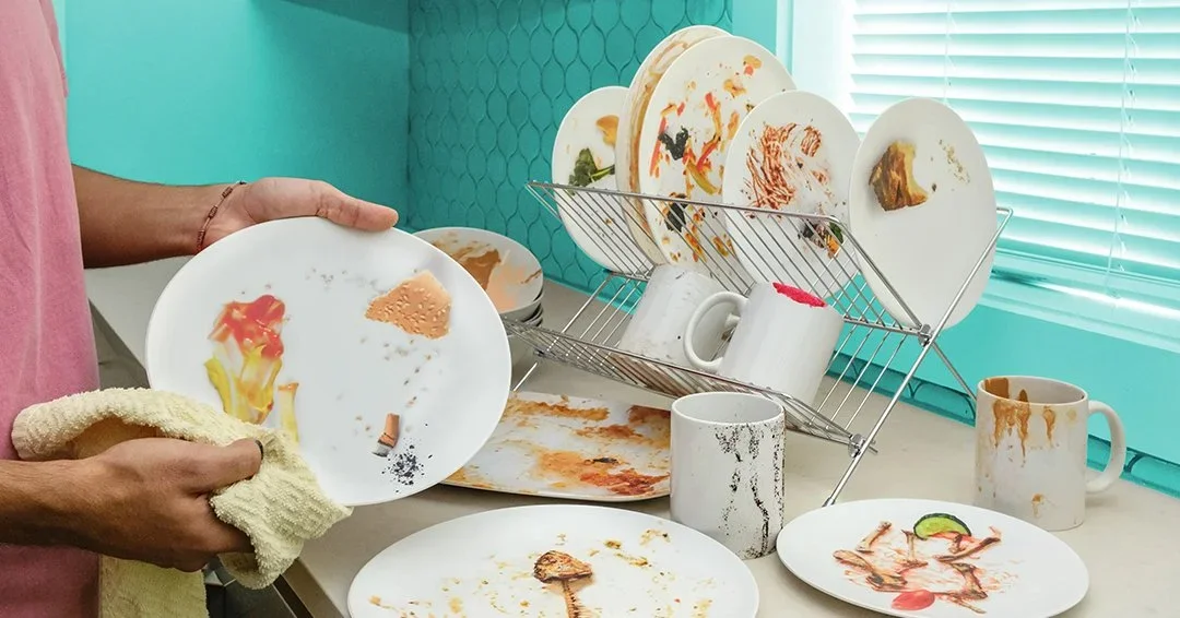 OCD DISHWARE. Does the sight of dirty dishes drive your monkey mind bananas? Not anymore! With dishware designed to look and stay dirty – even when they’re spotless – you can learn to be at peace with dirty, so your mind can rest clean. Made from gen