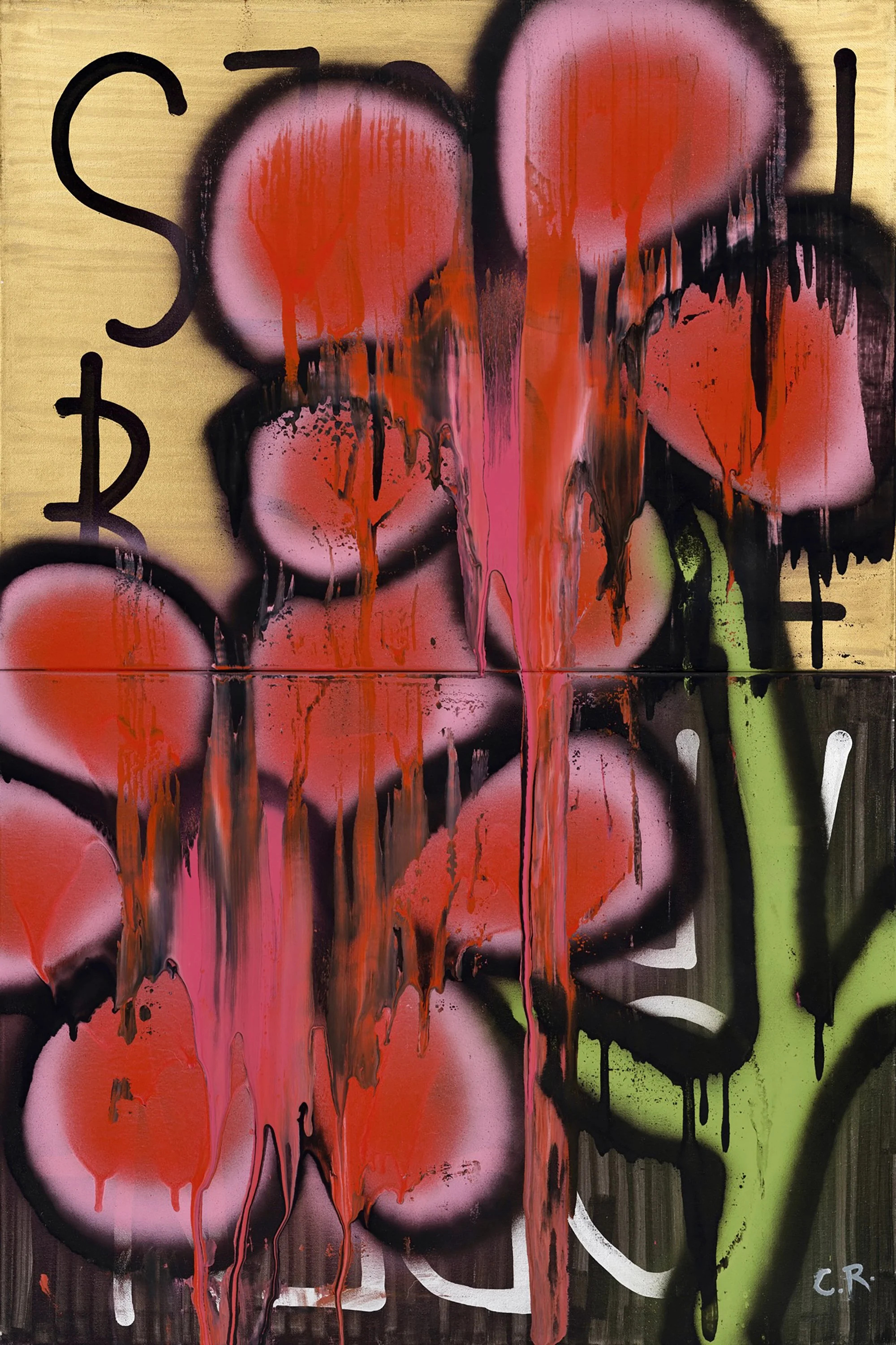 Abstract graffiti art featuring large pink and red heart shapes, with black spray paint outlines and red, pink, black, and green paint drips on a background blending black, beige, and green colors. The artwork includes the initials "C.R." in the bottom right corner.