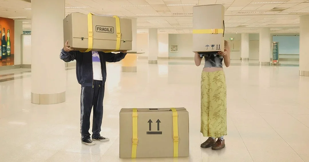 LUXURY BOX LUGGAGE SET. Ship yourself to remote destinations and escape all your worries with a set of luxury box luggage. Includes a suitcase, duffel, and carry-on made from stylish vegan leather for that faux cardboard look. Non-recyclable.