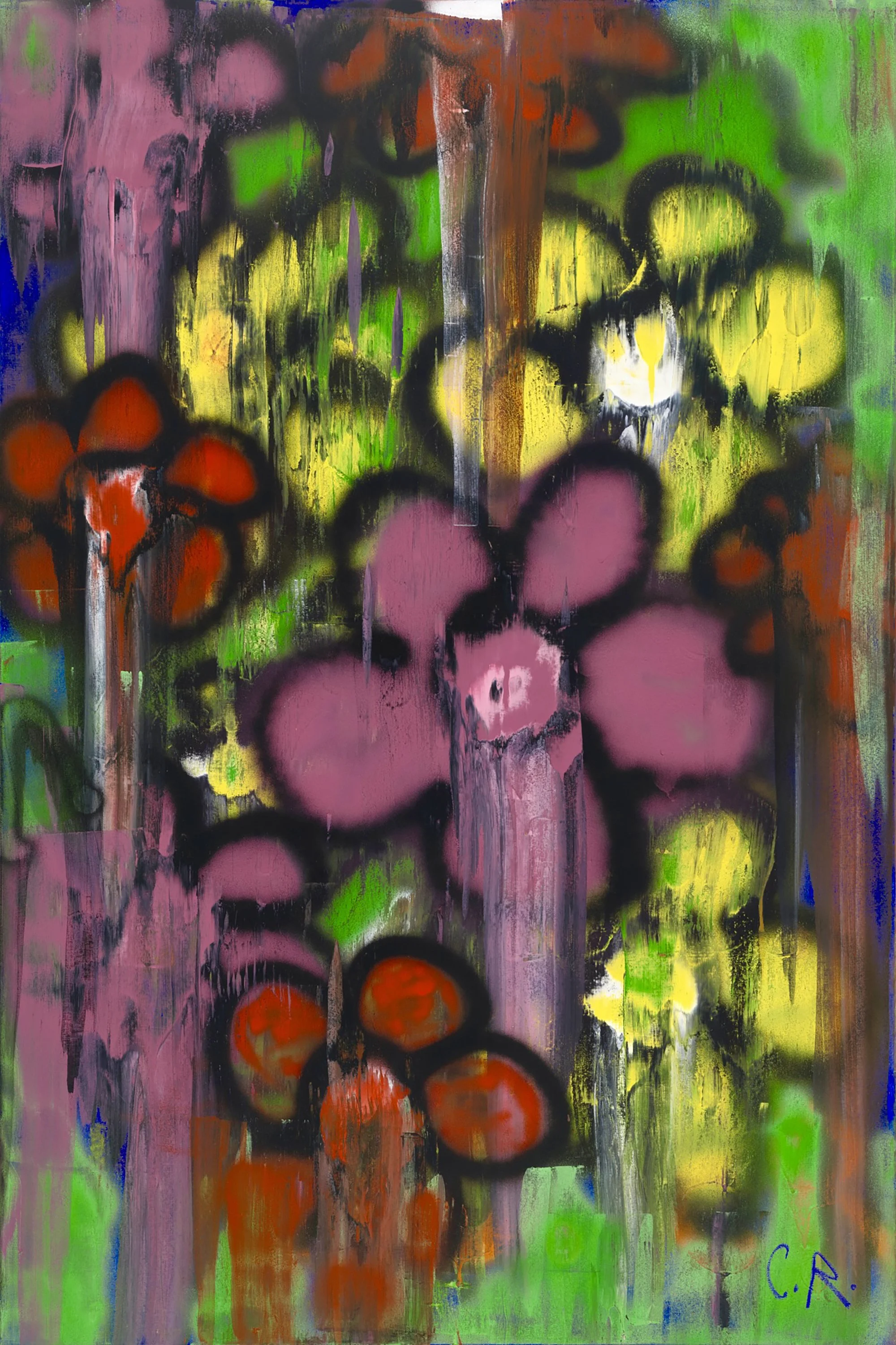 Abstract colorful painting featuring a series of black-outlined flowers with red, purple, yellow, and green hues, and drips of paint running down the canvas.
