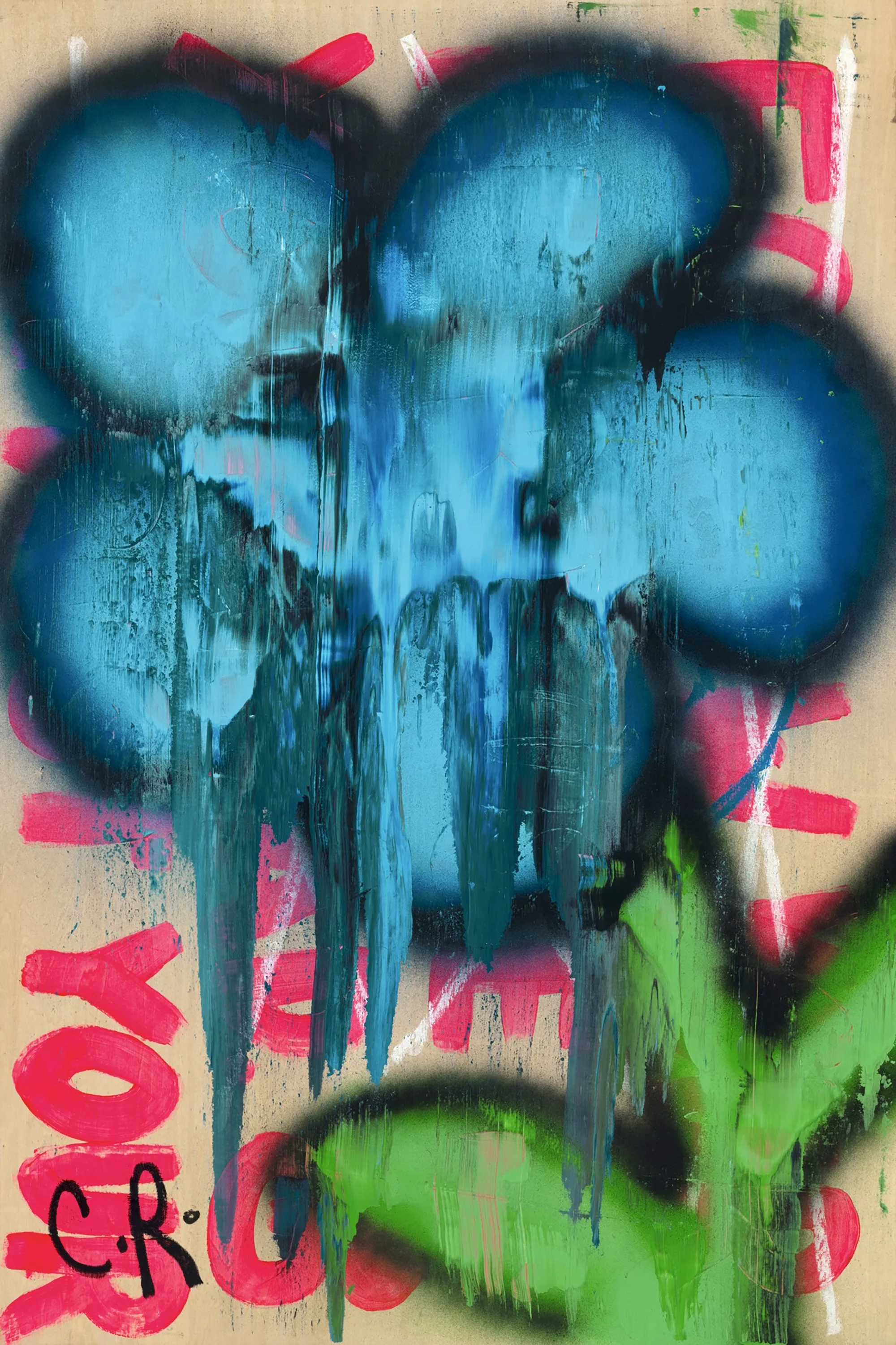 Abstract graffiti art with large blue and black spray-painted hearts, pink and red brushstrokes, green paint, and black spray accents on a cardboard background.