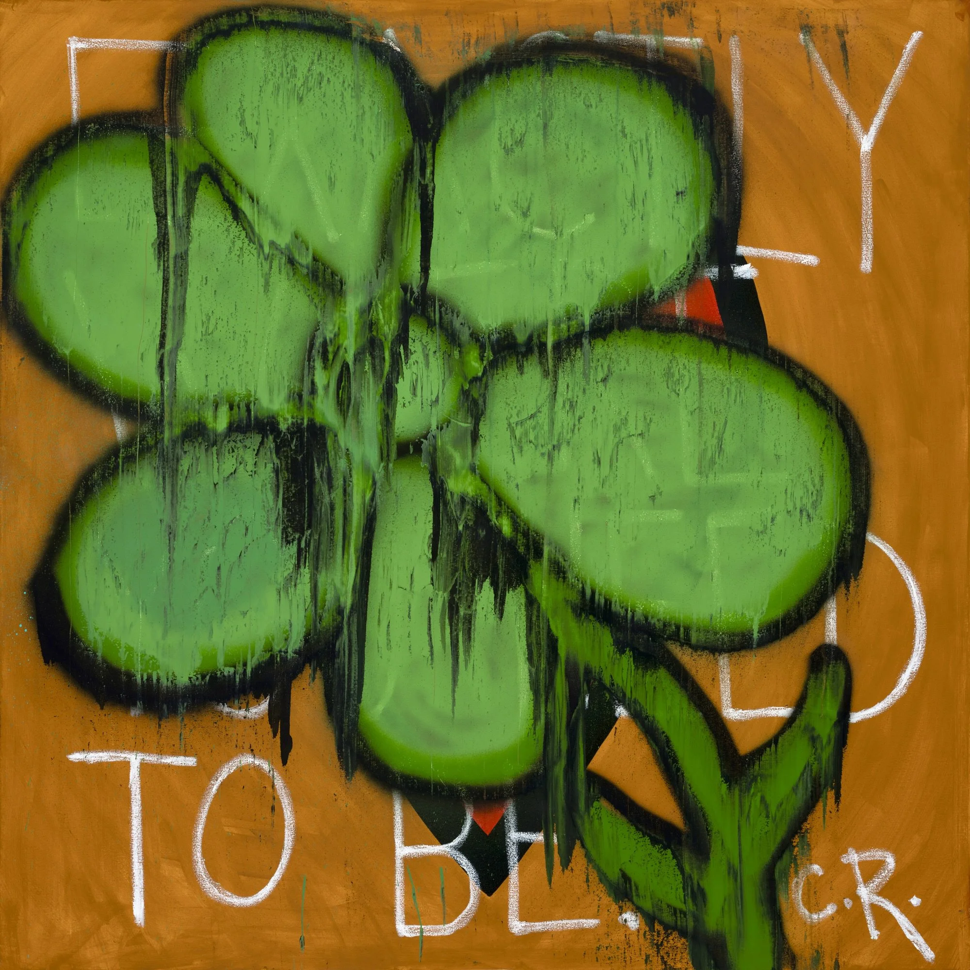 Close-up of graffiti art featuring green spray-painted shapes with black outlines on an orange background, with white chalk-like accents and text.