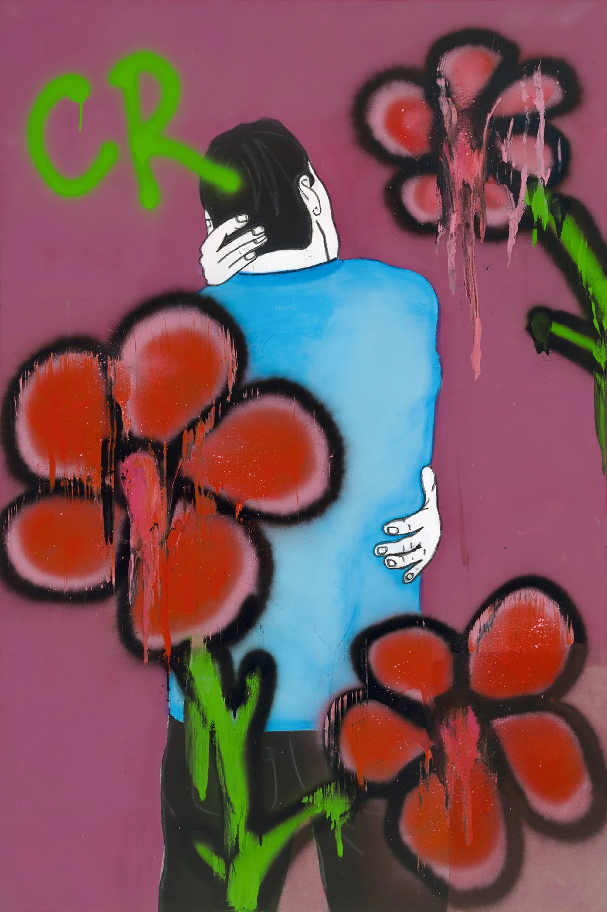 A mural of a person with black hair and pale skin, back turned, scratching their head, surrounded by red and black flowers and green stems, with the word 'CR' spray painted in green on the wall.