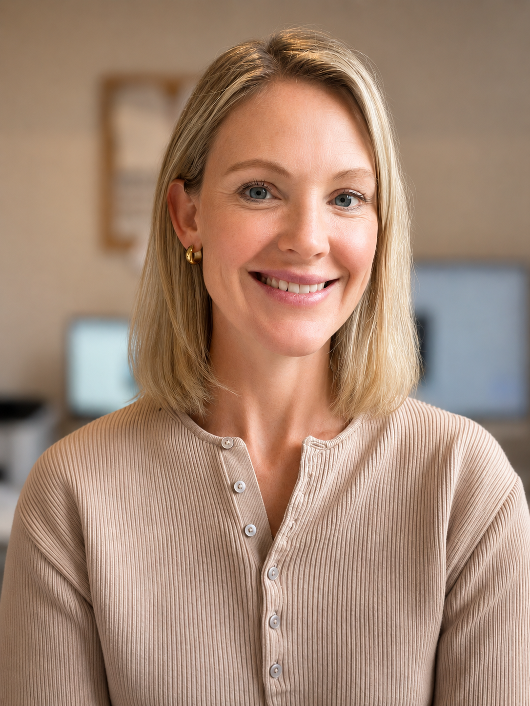 A smiling woman with blonde hair and blue eyes, wearing a beige button-up shirt and gold hoop earrings, sitting in an indoor setting with a blurred background.