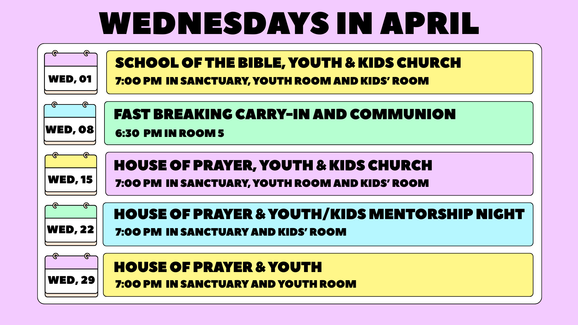 Calendar schedule for Wednesdays in April with various church activities, including youth and kids church, prayer, and mentorship programs, color-coded by date.