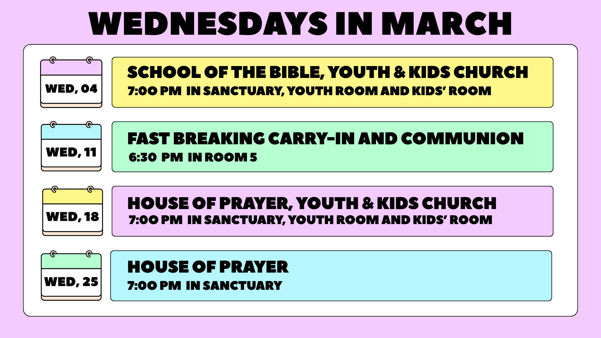 Schedule of events for Wednesdays in March, listing various church activities with dates and times in colorful boxes on a purple background.