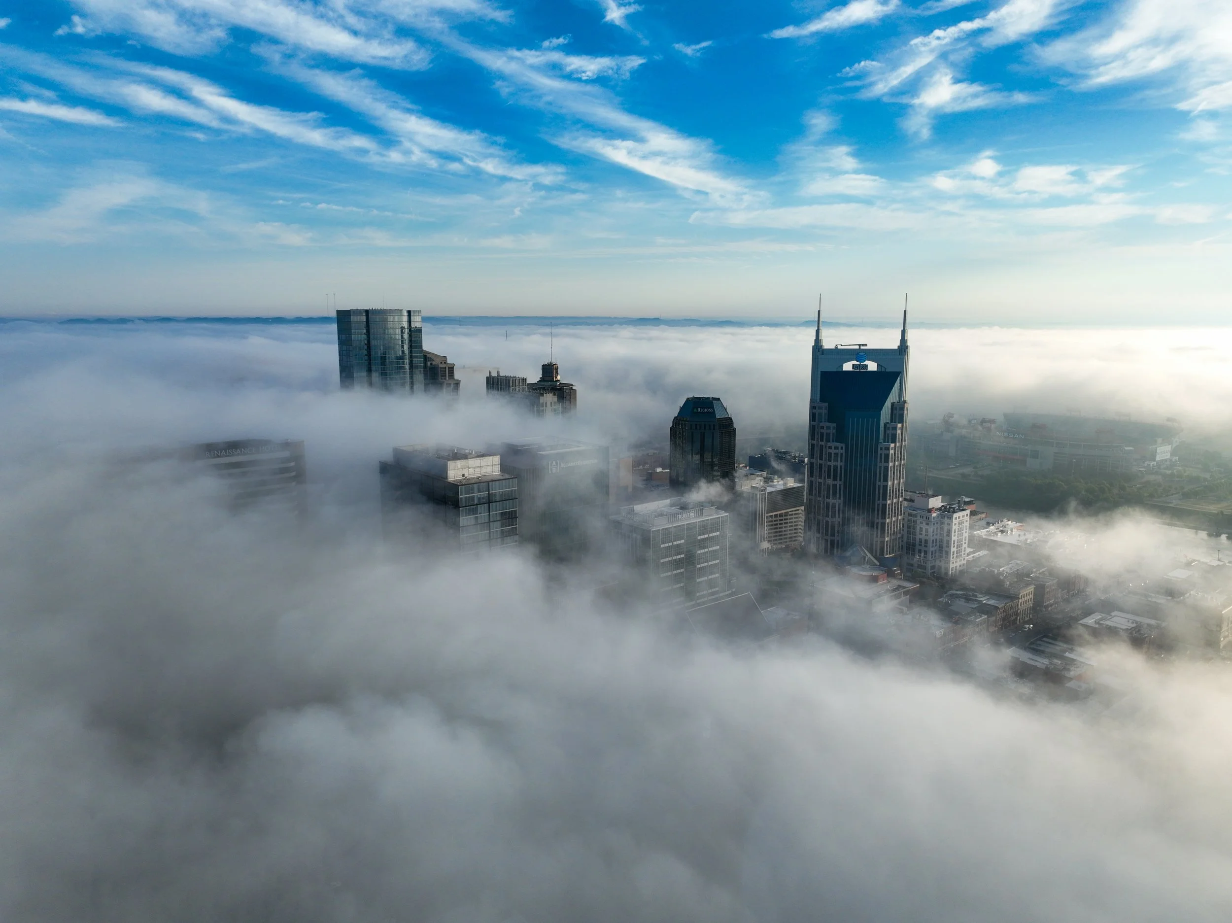 Nashville, TN skyline on a foggy morning ATT Building Batman Building 
