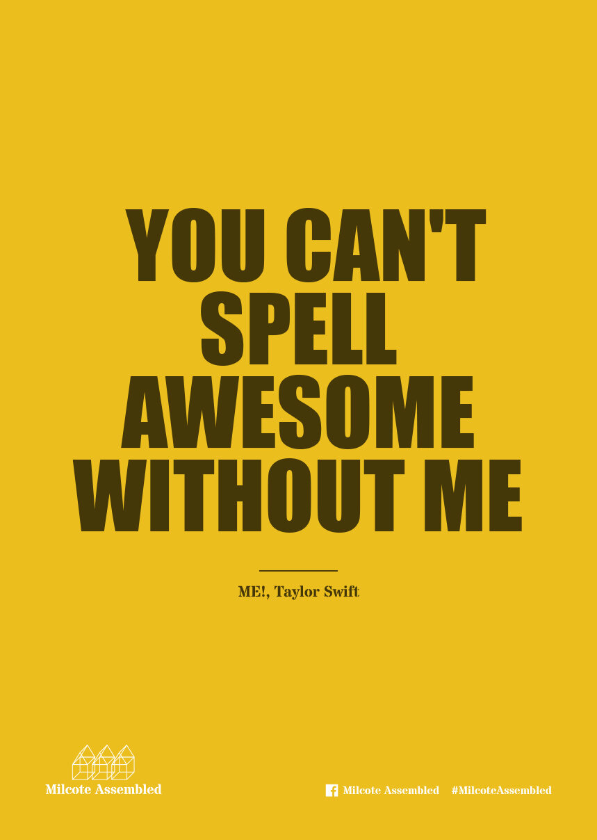 Inspirational quote on a yellow background: "You can't spell awesome without me." attributed to Taylor Swift.